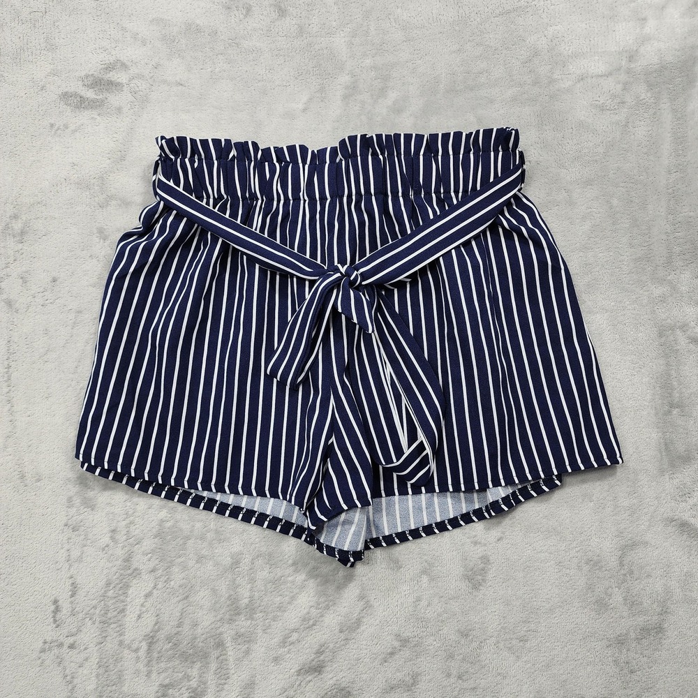 ZAFUL Shorts‎ Women XL Blue Striped Paperbag Belted Crepe Pull On Casual Summer